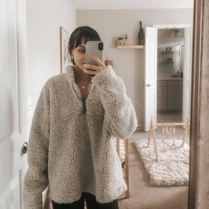 Oversized white Sherpa half zip